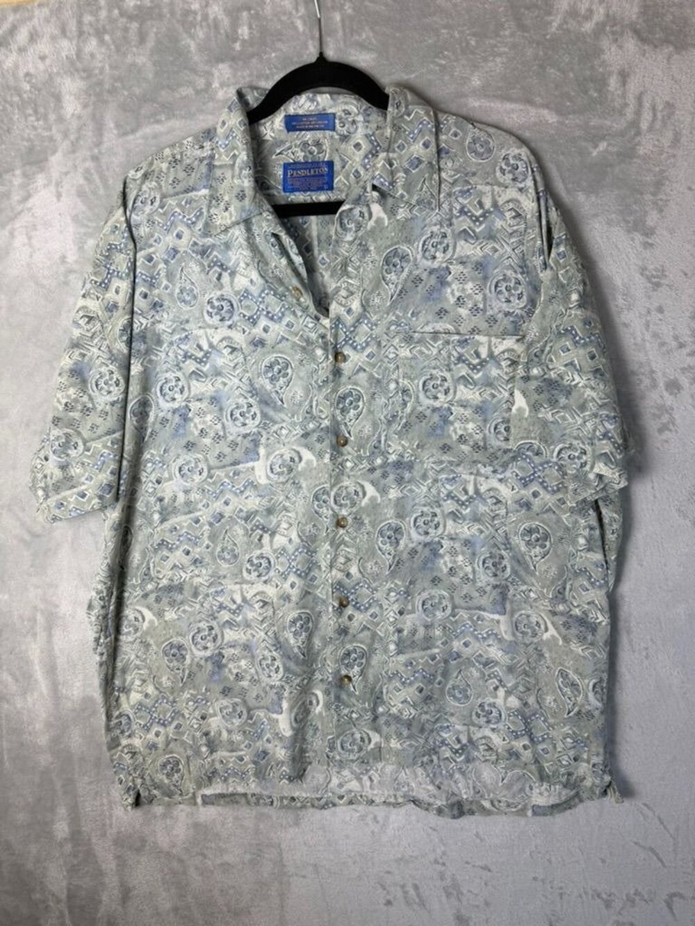 PENDLETON Shirt Mens Large Blue Paisley Cotton Rayon Short Sleeve Camp